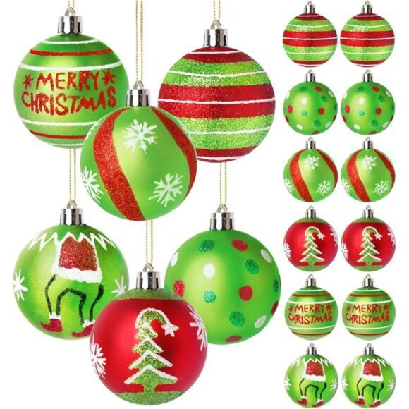 Red Green Glitter Christmas Ball Ornaments Set 12 Shatterproof Tree Decorations - Picture 1 of 7